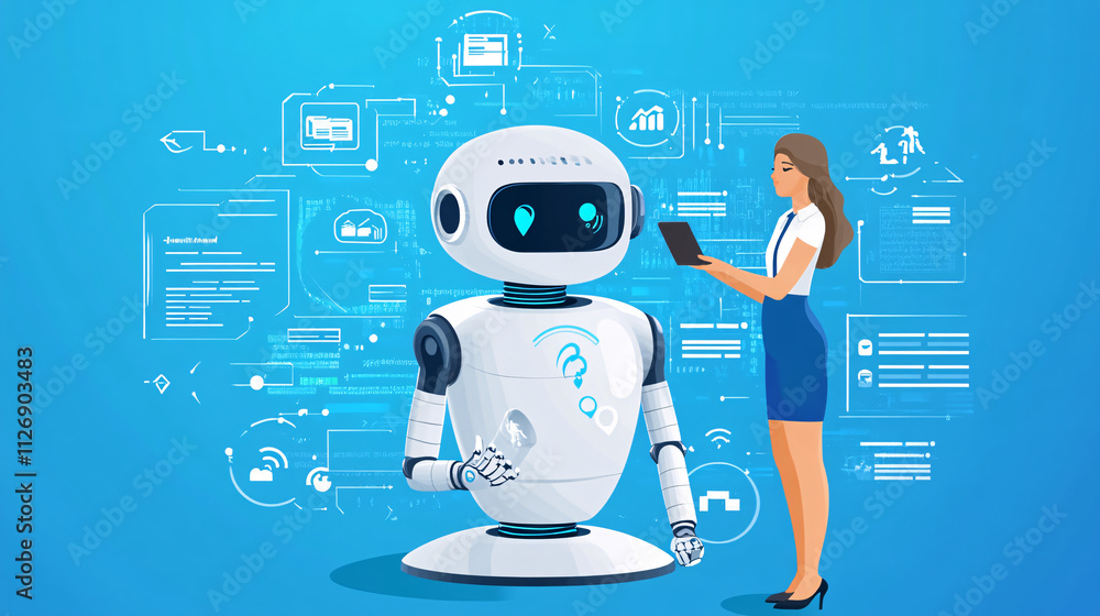 Poster illustration of a virtual assistant interacting with a customer, with a chatbot interface and icons 