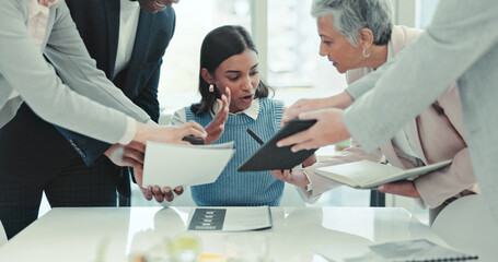 Multitasking, stress and businesswoman in office with people for juggling tasks with deadline....