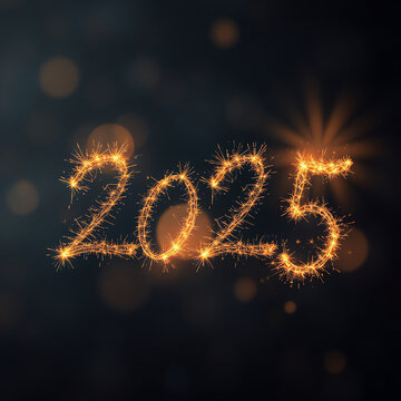 2025 written with golden sparkle effects on dark background, to celebrate the new year with a touch of elegance and festivity.
