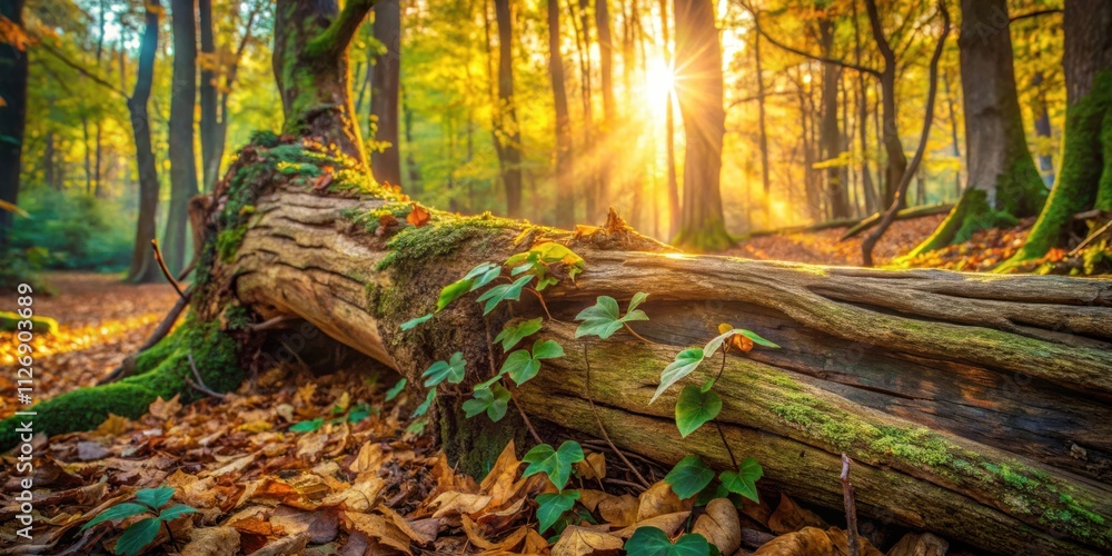 Aufkleber Sunlight filtering through the canopy of a dense forest illuminates a fallen log covered in moss and green vines, casting a warm glow on the autumn leaves beneath.