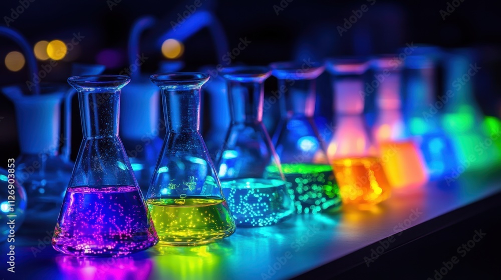 Poster a laboratory table featuring a realistic array of colorful liquids in glassware, glowing brightly un