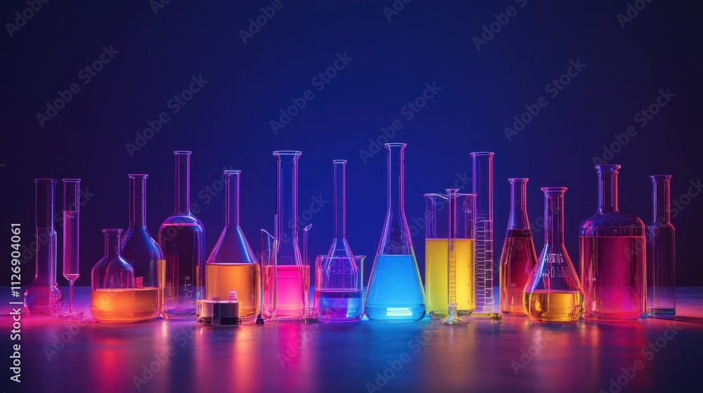 Poster a laboratory table featuring a realistic array of colorful liquids in glassware, glowing brightly un