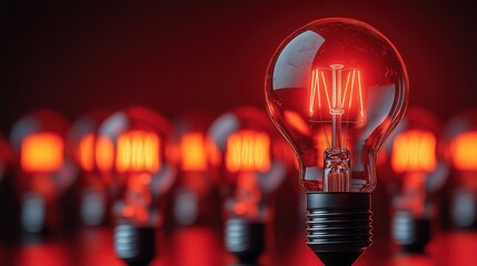 A single light bulb is lit up in a row of other light bulbs. Concept of focus and attention on the single light bulb, as it stands out from the rest of the bulbs