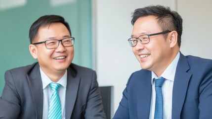 Fototapeta premium Two Businessmen Enjoying a Positive Conversation in a Modern Office Setting