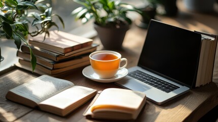 Cozy workspace with open books, laptop, and a cup of tea surrounded by lush green plants, ideal for studying or relaxing in a bright, inviting environment.