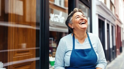 A woman in a blue apron is smiling and standing in front of a store. She is happy and enjoying herself