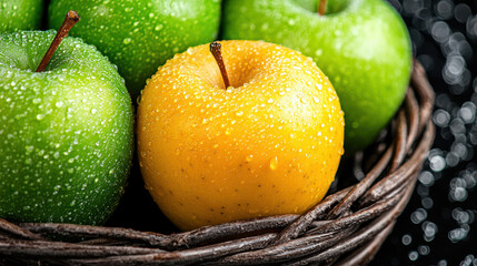 single golden apple among fresh green apples in basket, glistening with dew