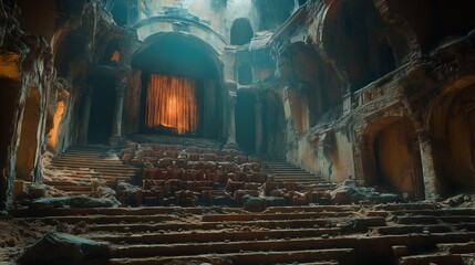 Crumbling theater with glowing stage curtain
