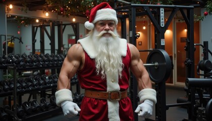 Muscular santa claus lifting weights in festive gym during christmas season