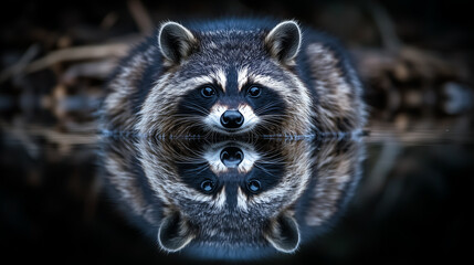 Obraz premium Raccoon with reflection in calm water at night