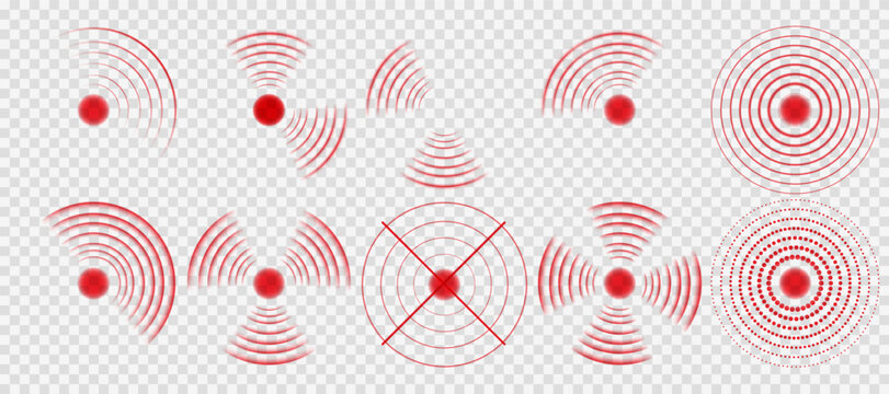 Red Sonar Wave Signal: Digital Sound Wave and Circular Pulsation. Wireless Radar and Alarm Light Effect Design Element with Transparent Background for Tech and Modern Concepts