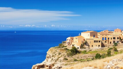 Fototapeta premium Beautiful Coastal Village with Colorful Houses Overlooking Serene Ocean View