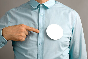 Round badge sticky label mockup template. Pin button on chest. White tags, paper round stickers,...