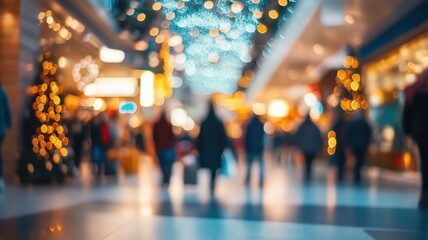 Blurred customers walking in a shopping mall during christmas time, with trees and decorations background
