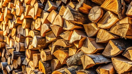 A symmetrical stack of firewood, illuminated by warm sunlight, reveals the intricate grain patterns and textures of the wood.