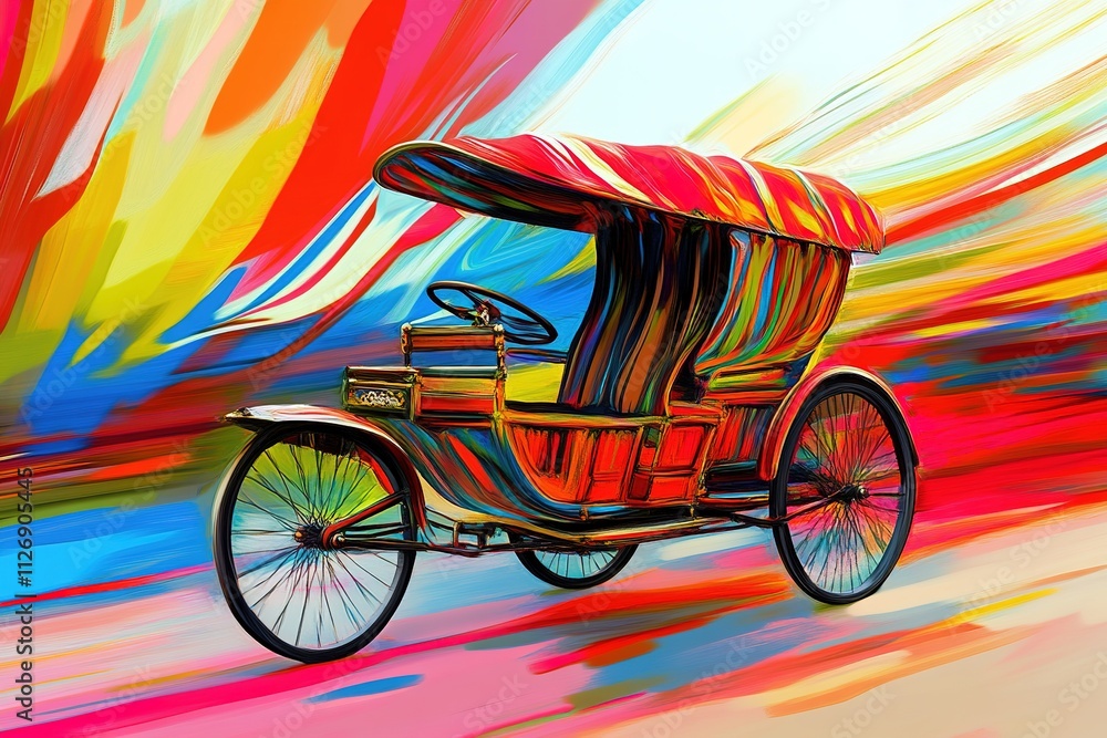 Poster artistic rendering of rickshaw in bold abstract patterns with dynamic motion lines
