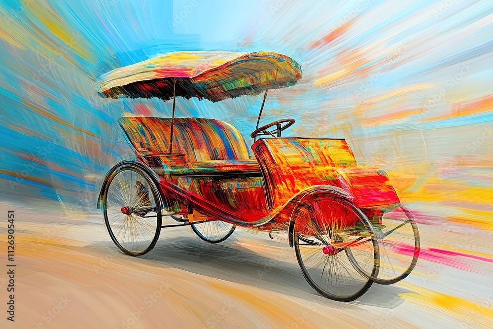 Poster artistic rendering of rickshaw in bold abstract patterns with dynamic motion lines