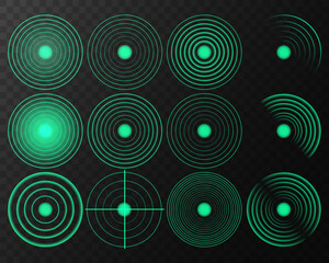 Green Sensor Wave Effect: Bright Radial Signals Representing Wi-Fi, Sound Spread, Pulse Vibration, and Wireless Radar Technology on Transparent Background