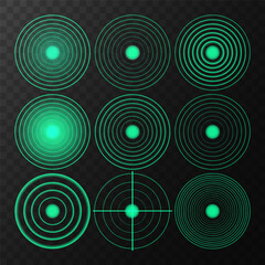 Green Sensor Wave Effect: Bright Radial Signals Representing Wi-Fi, Sound Spread, Pulse Vibration, and Wireless Radar Technology on Transparent Background