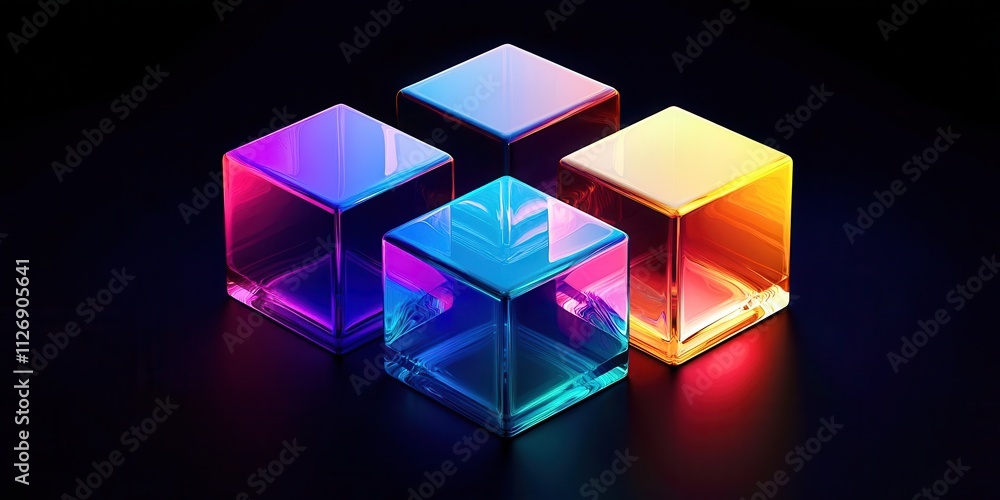 Poster four cubes of different colors are shown on a black background