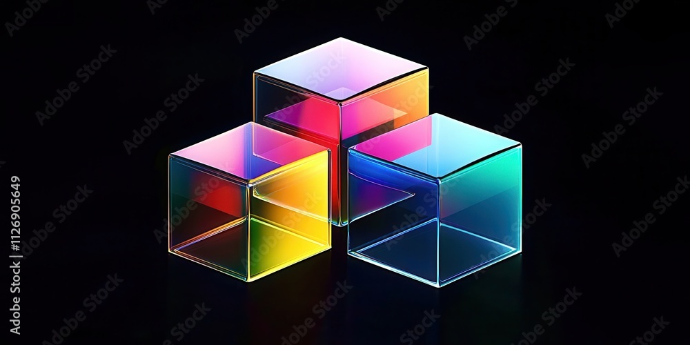 Poster three cubes of different colors are shown on a black background