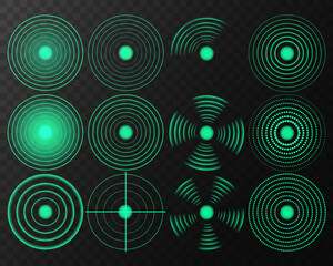 Collection of simple flat vector targets isolated on black background. Different crosshair icons. Aiming mark templates. Realistic set of green radio wave signal signs. Radar screen concentric circle.