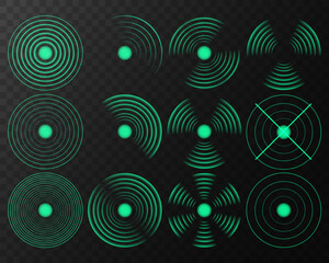 Fototapeta premium Collection of simple flat vector targets isolated on black background. Different crosshair icons. Aiming mark templates. Realistic set of green radio wave signal signs. Radar screen concentric circle.