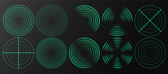 Realistic Green Radio Wave Signals: Radial Wi-Fi Connection Icons with Sound Spread, Pulse Effect, and Radar Area Vibrations. Vector Illustration on Transparent Background