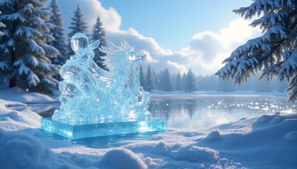 Intricate Ice Sculpture Glimmering in a Serene Frozen Landscape
