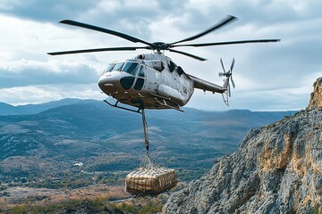 cargo helicopter hovering over mountain with suspended load