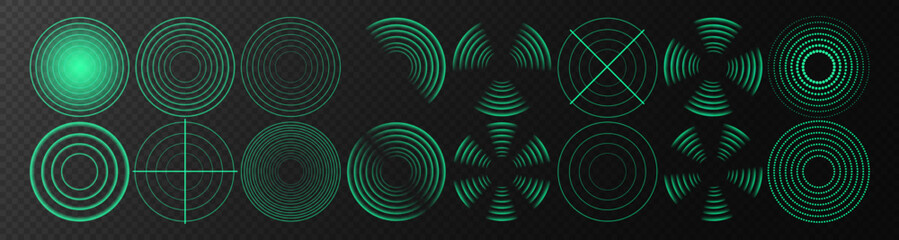 Collection of simple flat vector targets isolated on black background. Different crosshair icons. Aiming mark templates. Realistic set of green radio wave signal signs. Radar screen concentric circle.