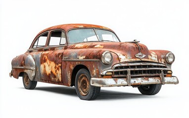 A highly detailed vintage-style image of a rusted, abandoned car isolated on a white background