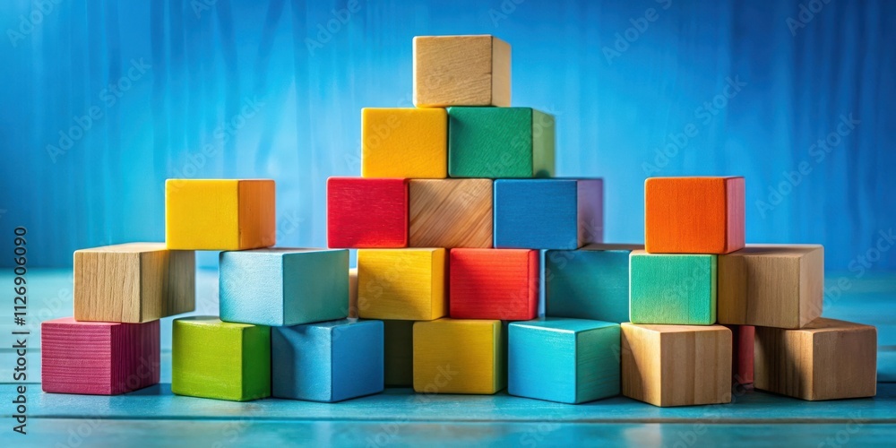Poster a vibrant arrangement of colorful wooden blocks stacked in a creative configuration, showcasing a va