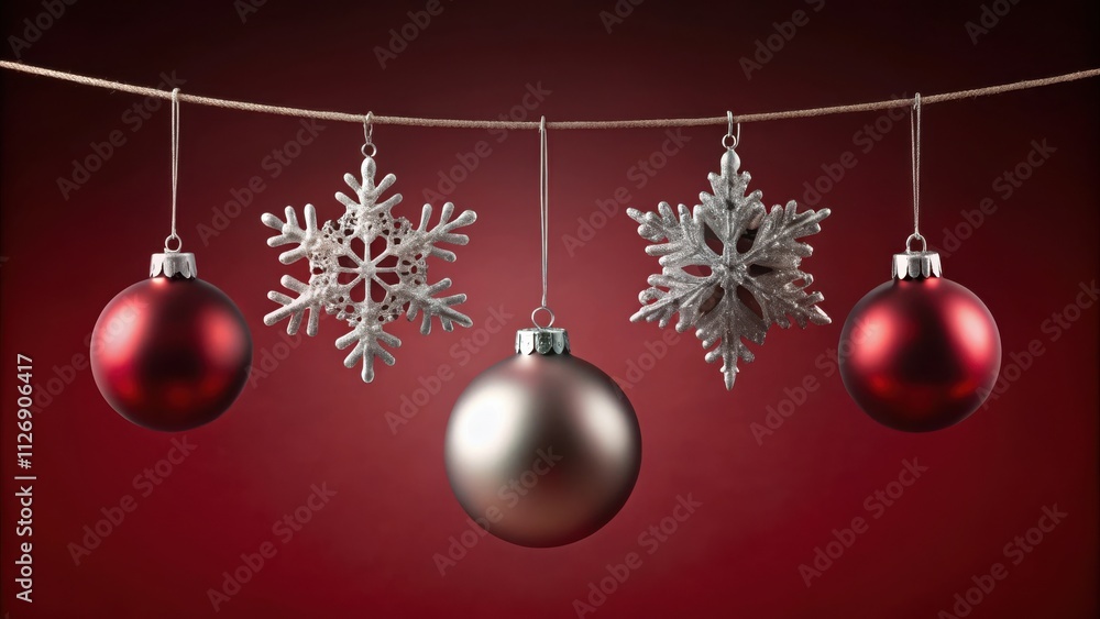 Poster a festive arrangement of red and silver christmas ornaments and snowflakes hanging from a string on 