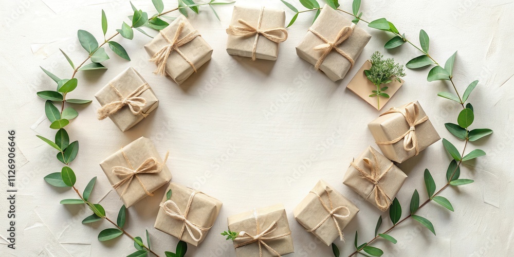 Poster a circle of rustic gifts tied with twine surrounded by sprigs of greenery on a white background