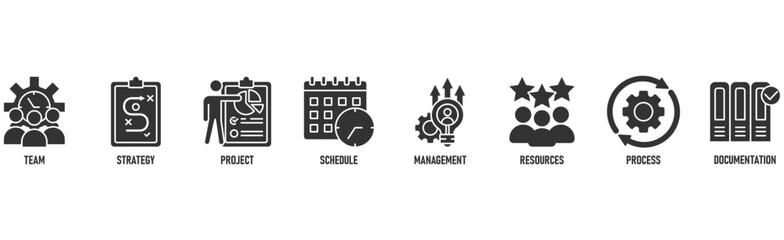 Naklejka premium Work flow banner web icon vector illustration concept with icon of team, strategy, project, schedule, management, resources, process, documentation