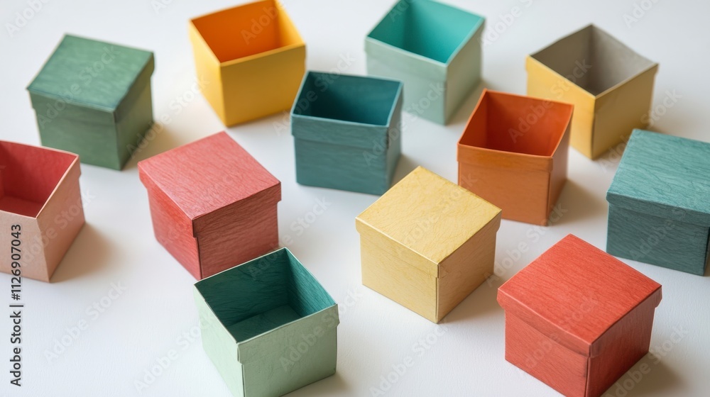 Aufkleber Colorful collection of small paper boxes with lids minimalist setting artistic display studio environment aesthetic viewpoint