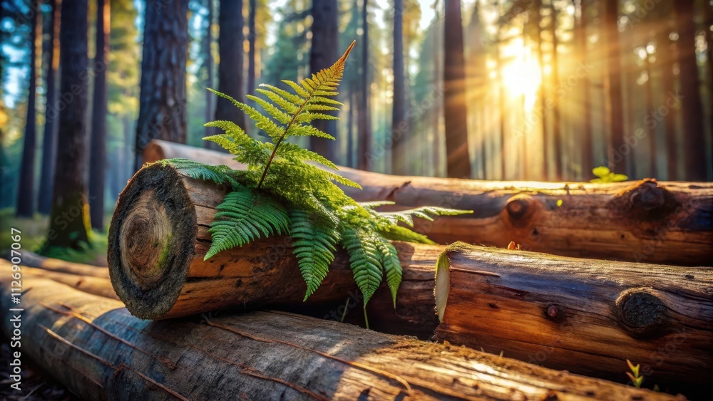 Aufkleber A fern sprouts from a fallen log in a forest bathed in the warm glow of the setting sun.