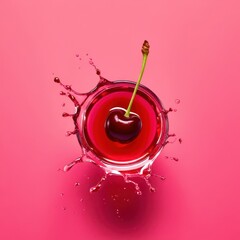 Cherry is in a glass of red liquid