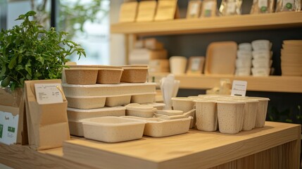 Sustainable food packaging display eco-friendly store product showcase modern retail indoor environment biodegradable concept