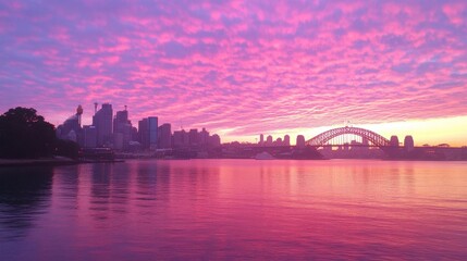 Fototapeta premium Vibrant Sunset Over Sydney Skyline with Clouds and Reflection on Water