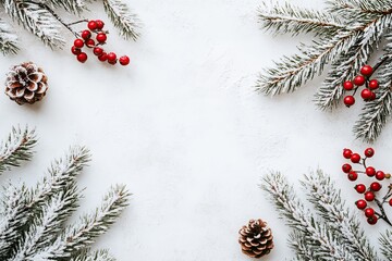 Festive top view of a Christmas scene with snow-covered pine branches and vibrant red berries, ideal for designing Christmas tree borders or frames