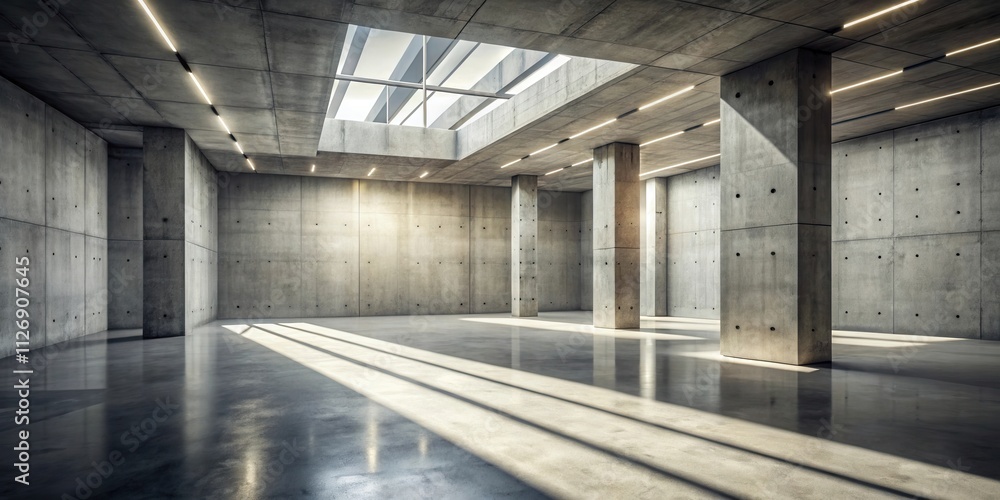 Poster A minimalist concrete space with a skylight and sunlight streaming through the large windows casting long shadows across the polished floor