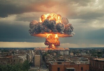 A massive and dense mushroom cloud dramatically rises above a city