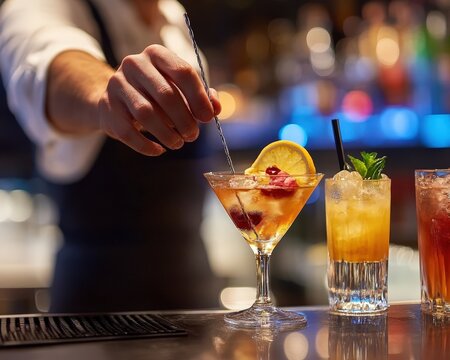 Professional bartender skillfully crafting and serving cocktails and drinks at a stylish hotel bar, creating a welcoming atmosphere for guests to enjoy a night of elegance and relaxation.
