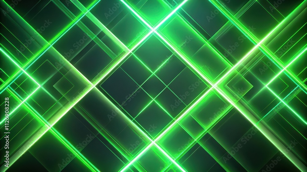 Poster abstract green and white glowing lines intersecting in a geometric pattern with a dark background