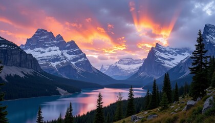 Obraz premium Rugged Mountain Landscape Under Dramatic Sunset with Alpine Lake