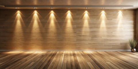 A blank wooden wall with a light wood floor and spotlights shining down from the ceiling