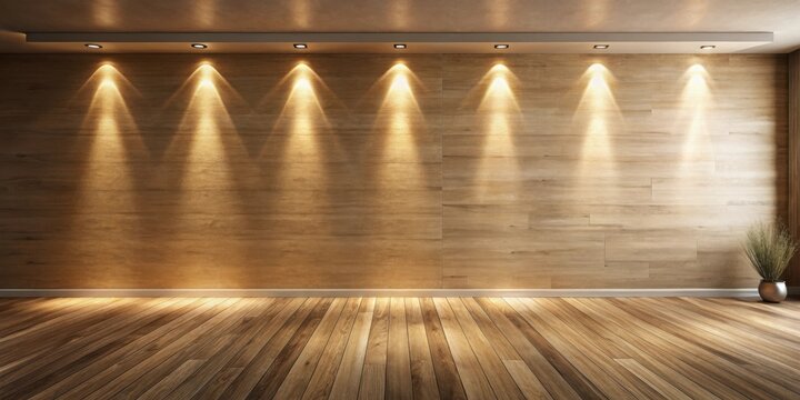 A blank wooden wall with a light wood floor and spotlights shining down from the ceiling