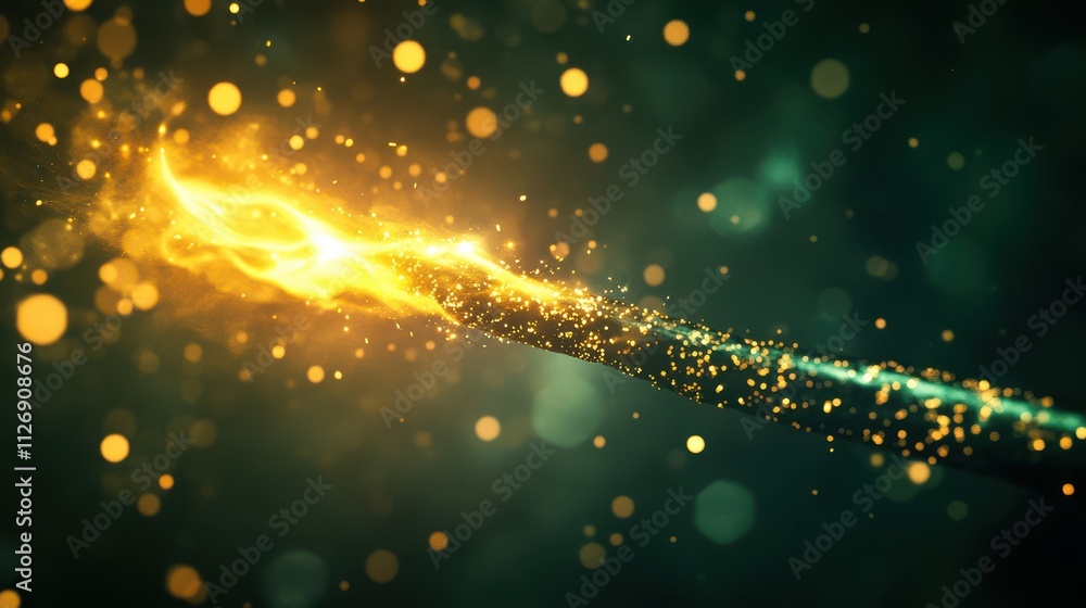 Poster enchanting golden sparkle stream with glowing particles on a dark background for magical and fantasy